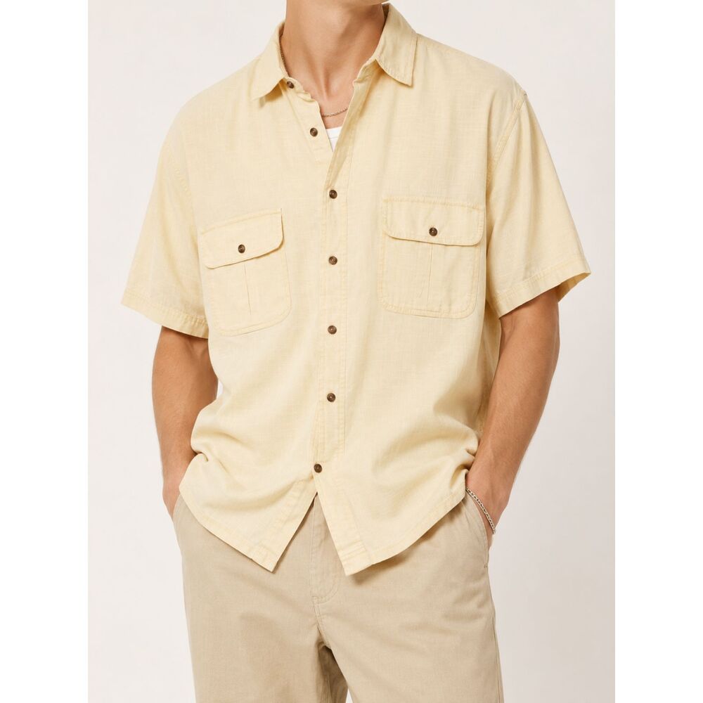 St John's Bay Men's Large Yellow 100% Cotton Button Up Shirt Utility Coastal